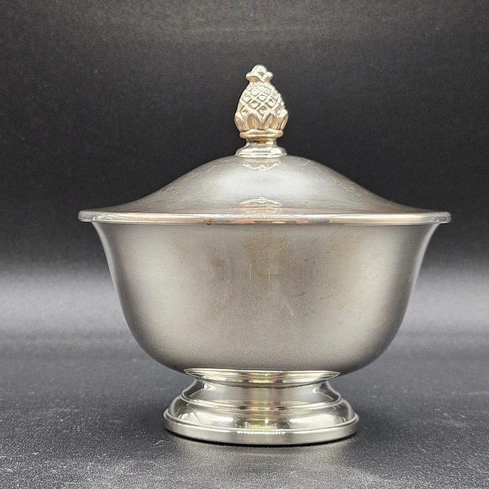 Vintage Silver Plated Footed Sugar Bowl with Pineapple Finial Lid Round Dish